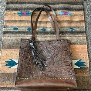 EUC RARE BEAUTIFUL Patricia Nash Brown Embossed Genuine Leather Tote / Handbag